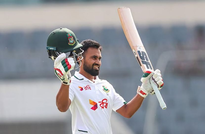 দুর্দান্ত এক সেঞ্চুরির পর ব্যাট উঁচিয়ে দর্শকদের অভিবাদনের জবাব দেন সাদমান। ছবি : বিসিবি